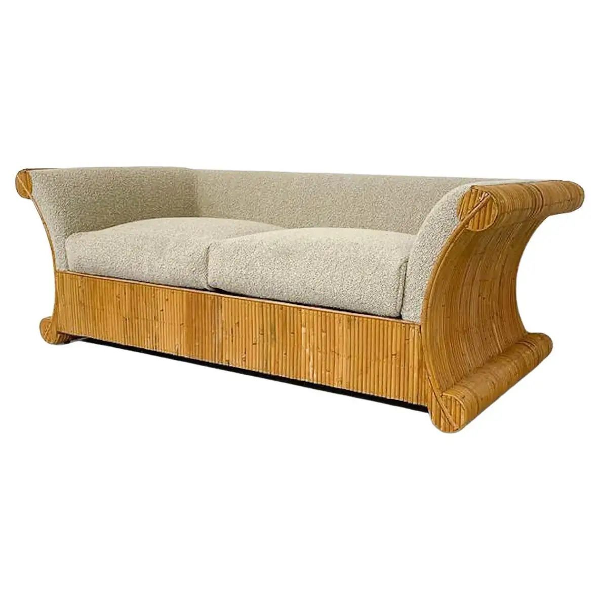 Mid Century Modern Rattan Two Seater, Beige Boucle Fabric, Italy, 1960s