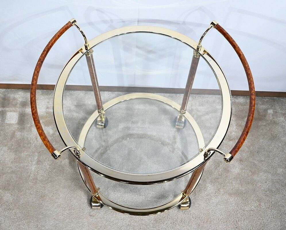 Glass And Gold Metal Rolling Table – 1980 photo for sale