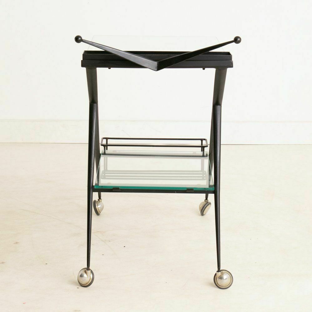 Midcentury Italian Two Tier Metal, Glass & Brass Bar Cart C.1950 photo for sale