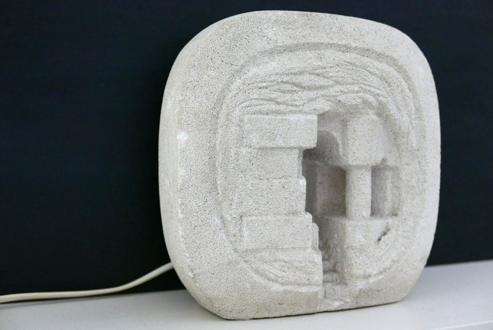 French Architectural And Sculptural Stone Lamp By Arsène Galisson, 1960s / Table Lamp, Carved, Column, Architecture photo vinterior