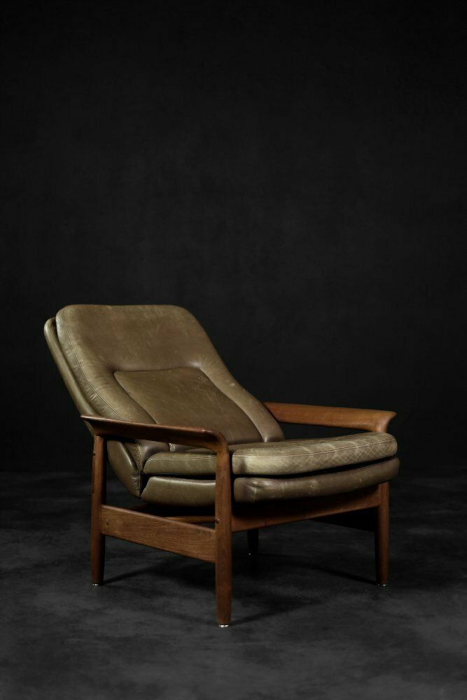 Mid Century Danish Modern Teak Wood & Brown Leather High Armchair With Reclining Backrest, 1960s photo for sale