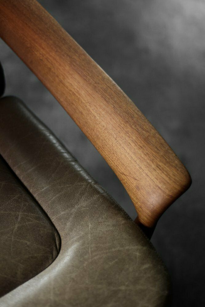 Mid Century Danish Modern Teak Wood & Brown Leather High Armchair With Reclining Backrest, 1960s photo 1830.0