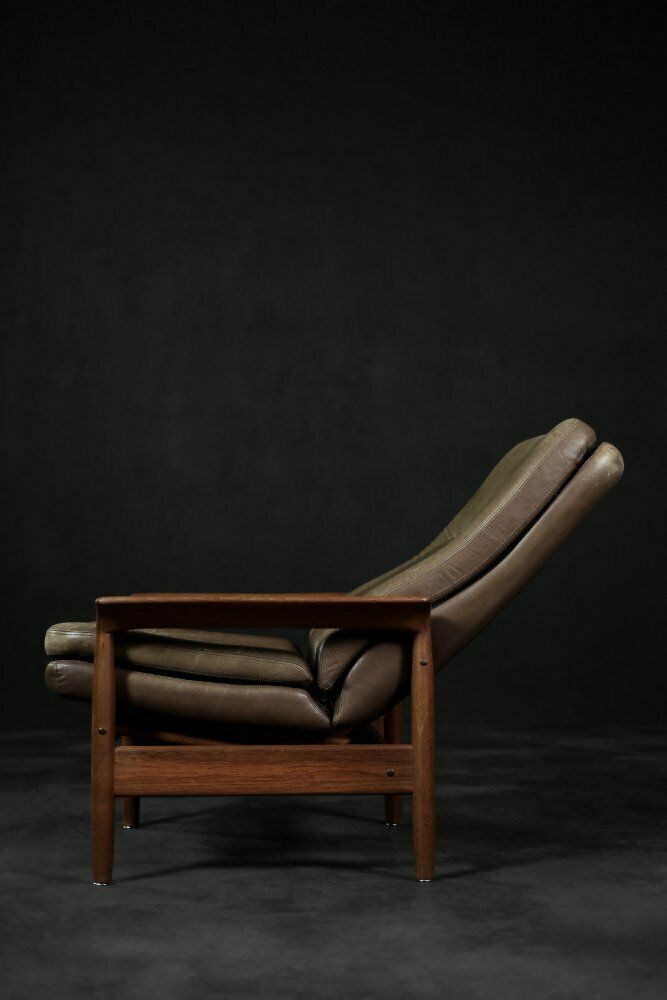 photo furniture Mid Century Danish Modern Teak Wood & Brown Leather High Armchair With Reclining Backrest, 1960s