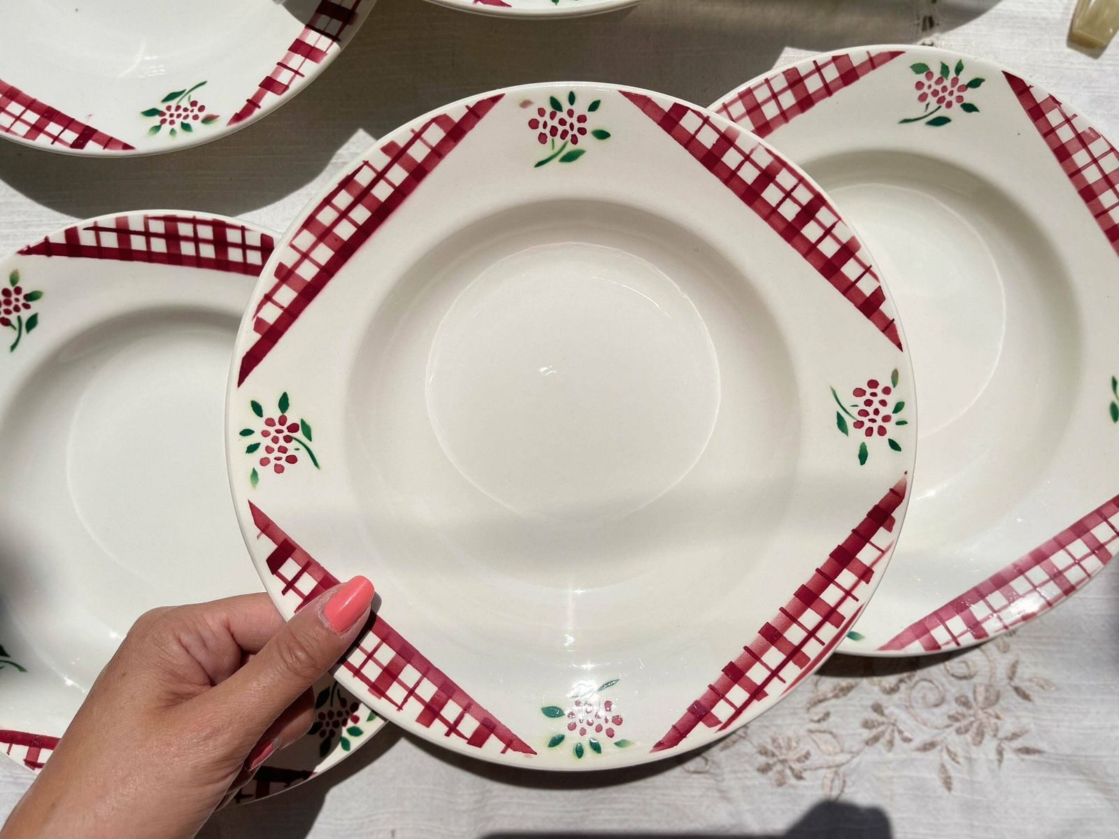 6 Hollow Plates Digoin Sarreguemines Model Niger Floral Pattern And Red/White Tiles   French Opaque Porcelain   Red Plate photo for sale