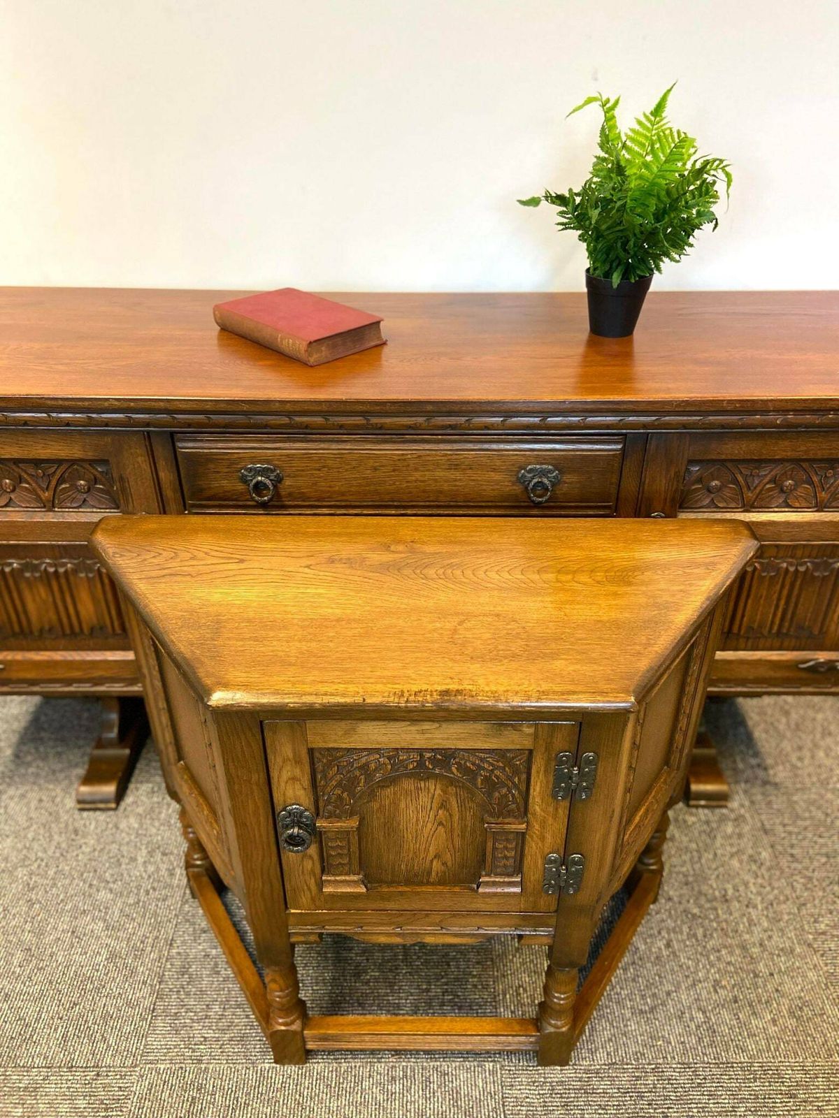 Vintage Old Charm Wood Brothers / Light Oak / Side Cabinet / Carved Oak / C1960s photo furniture