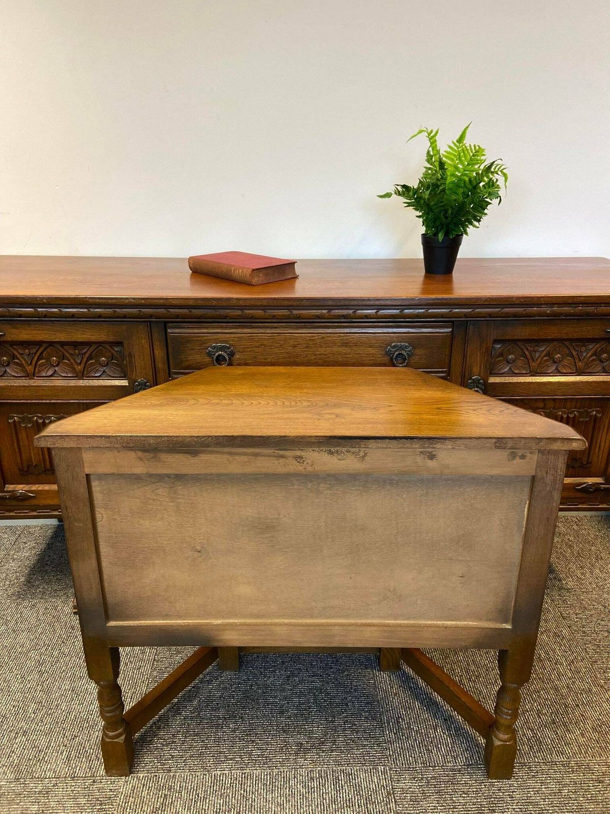 photo for sale Vintage Old Charm Wood Brothers / Light Oak / Side Cabinet / Carved Oak / C1960s
