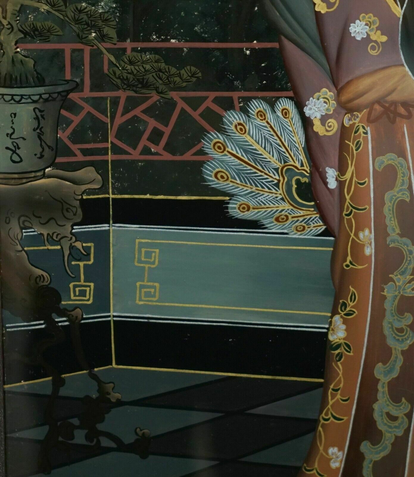 Sublime Pair Of Antique Chinese Ancestral Portrait Hand Painted Glass Paintings photo vintage