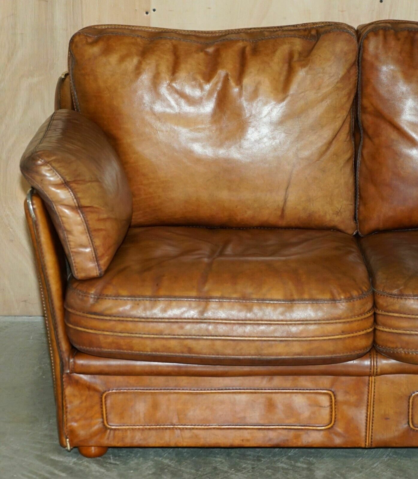 Vintage Brown Leather Roche Bobois Mid Century Modern Contemporary Sofa photo for sale