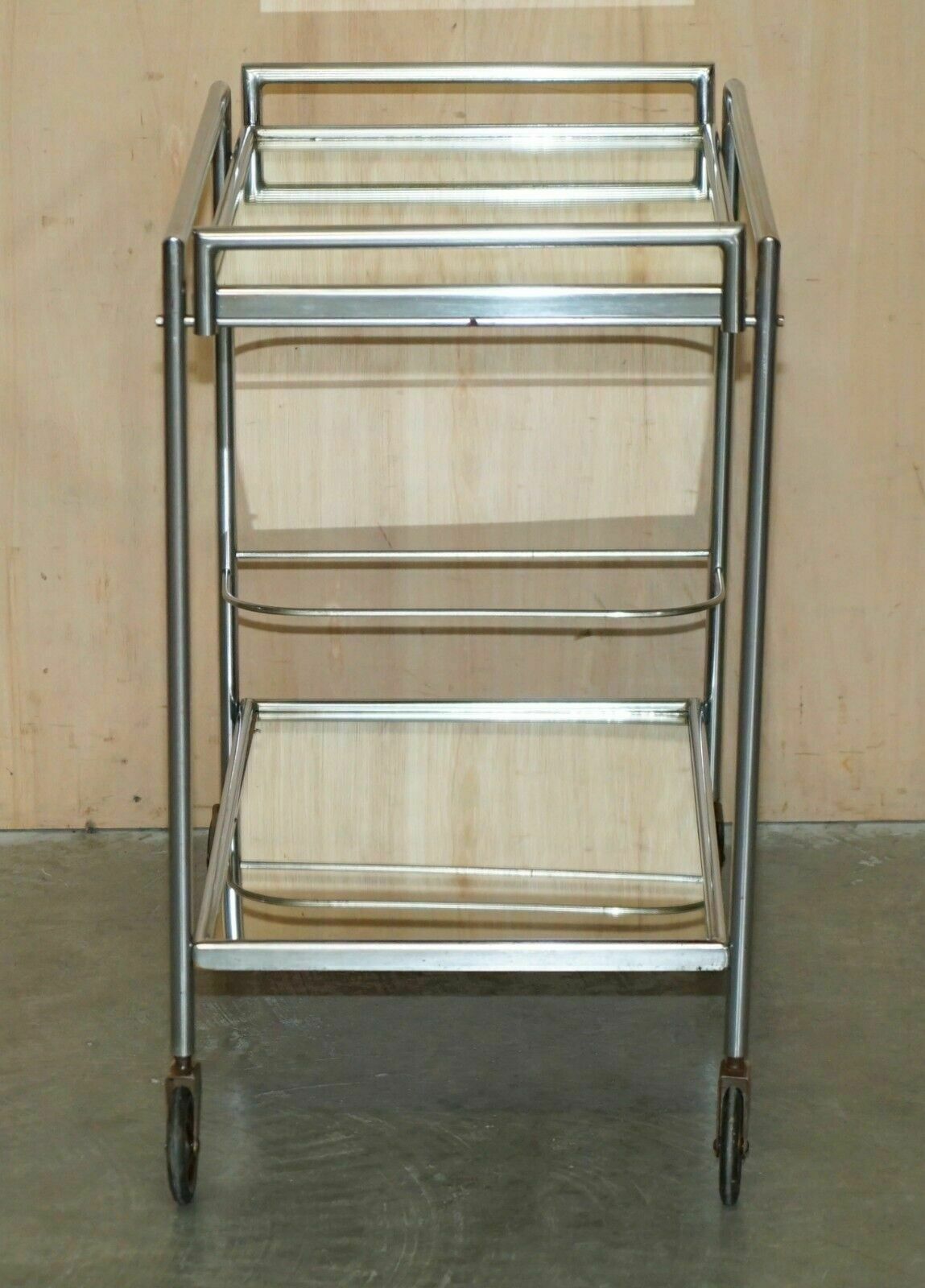 photo for sale Antique Art Deco Circa 1920's French Mirrored Glass Chrome Tea Cake Trolly