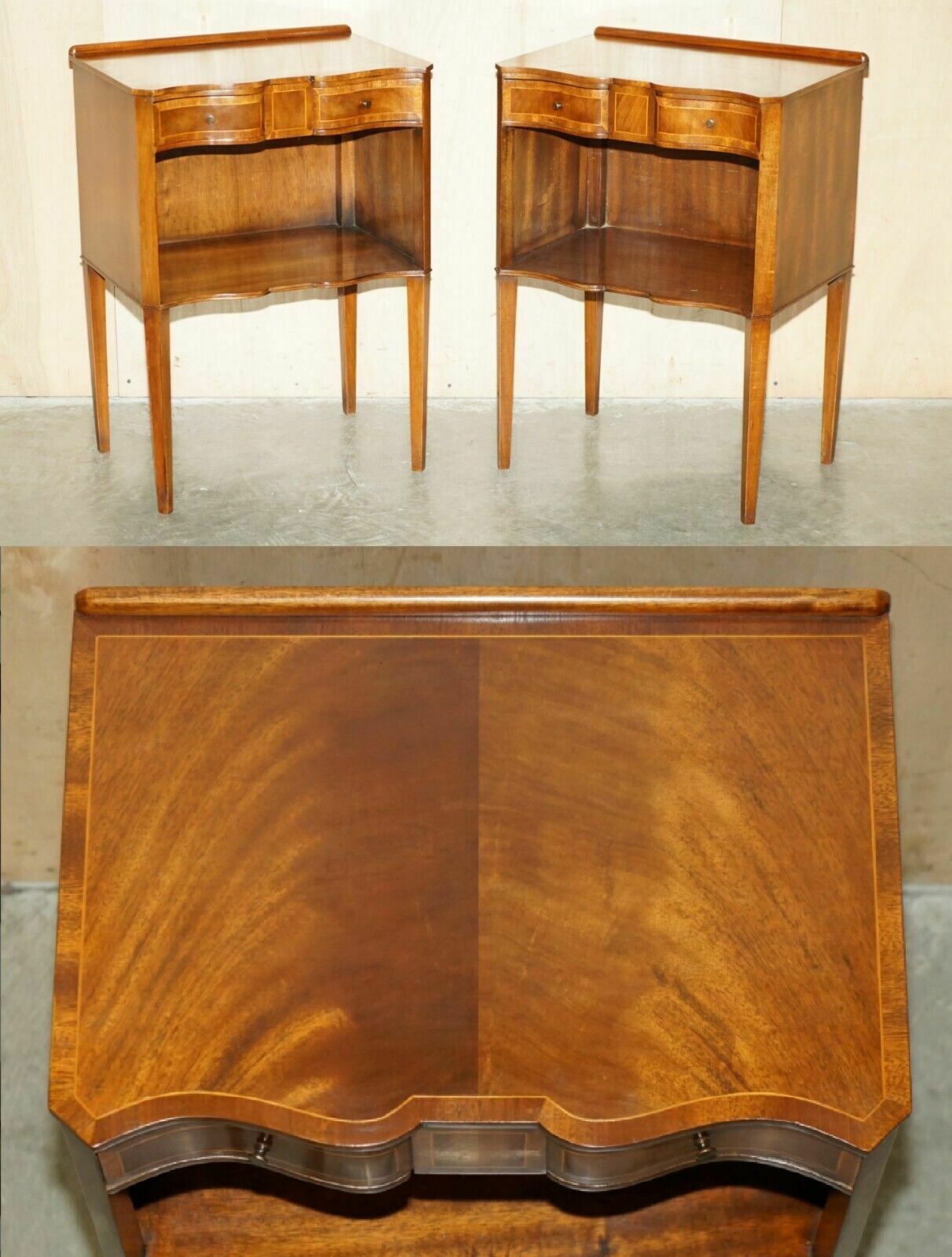Pair Of Antique Restored Serpentine Fronted Flamed Mahogany Side End Lamp Tables