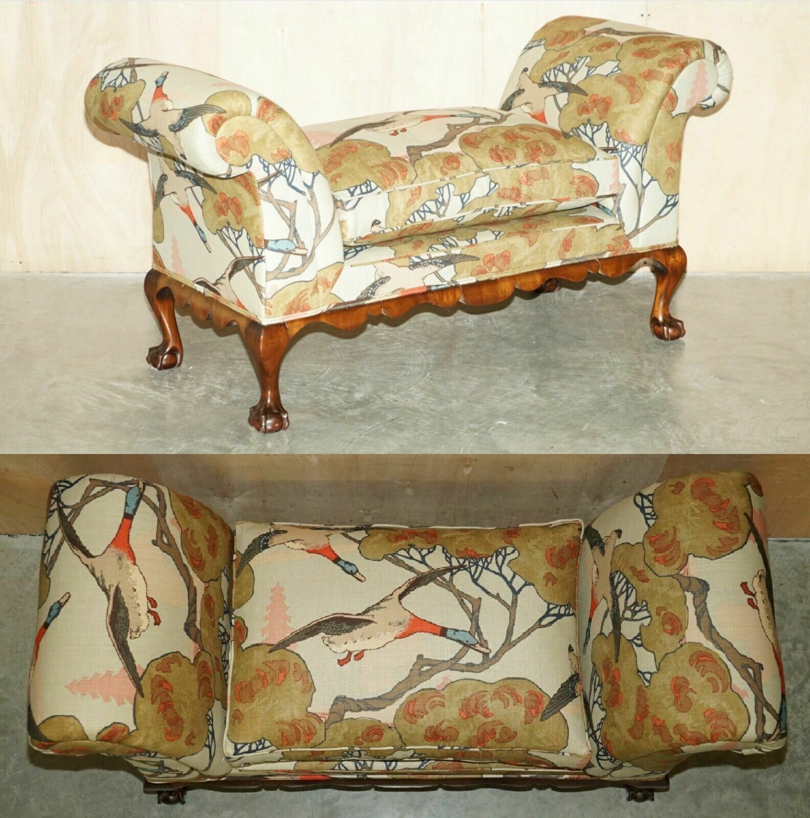 Antique Claw & Ball Foot Hall Bench Window Seat In Mulberry Flying Duck S Fabric