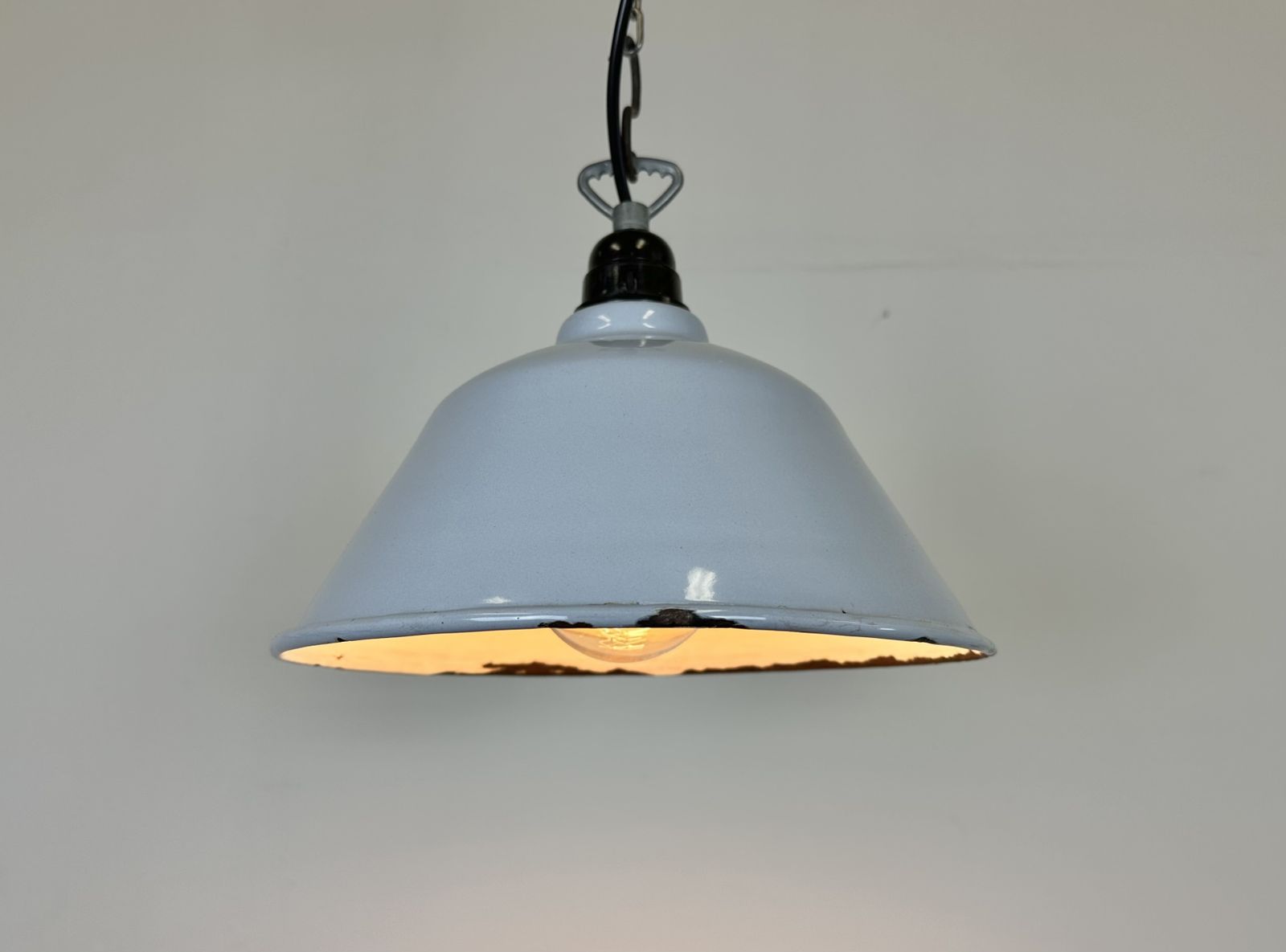Industrial French Grey Enamel Factory Pendant Lamp, 1960s photo vintage