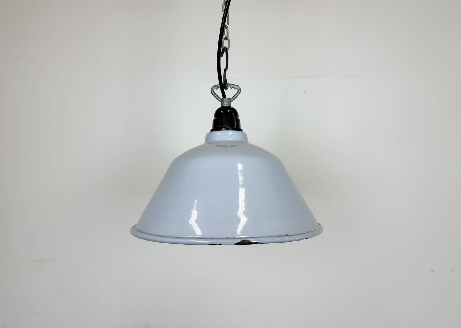 Lighting Industrial French Grey Enamel Factory Pendant Lamp, 1960s photo