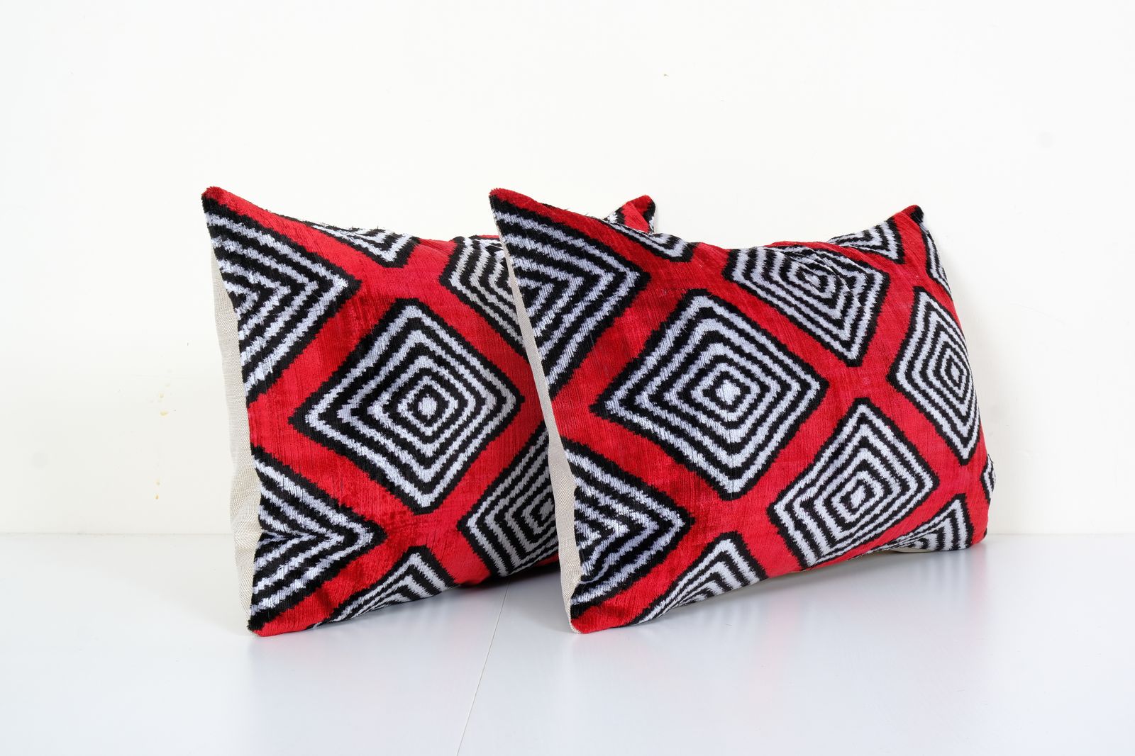 Set Of Two Silk Ikat Velvet Pillow, Matching Red Uzbek Ikat Cushion Cover, Designer Pillow 16" X 24" photo furniture