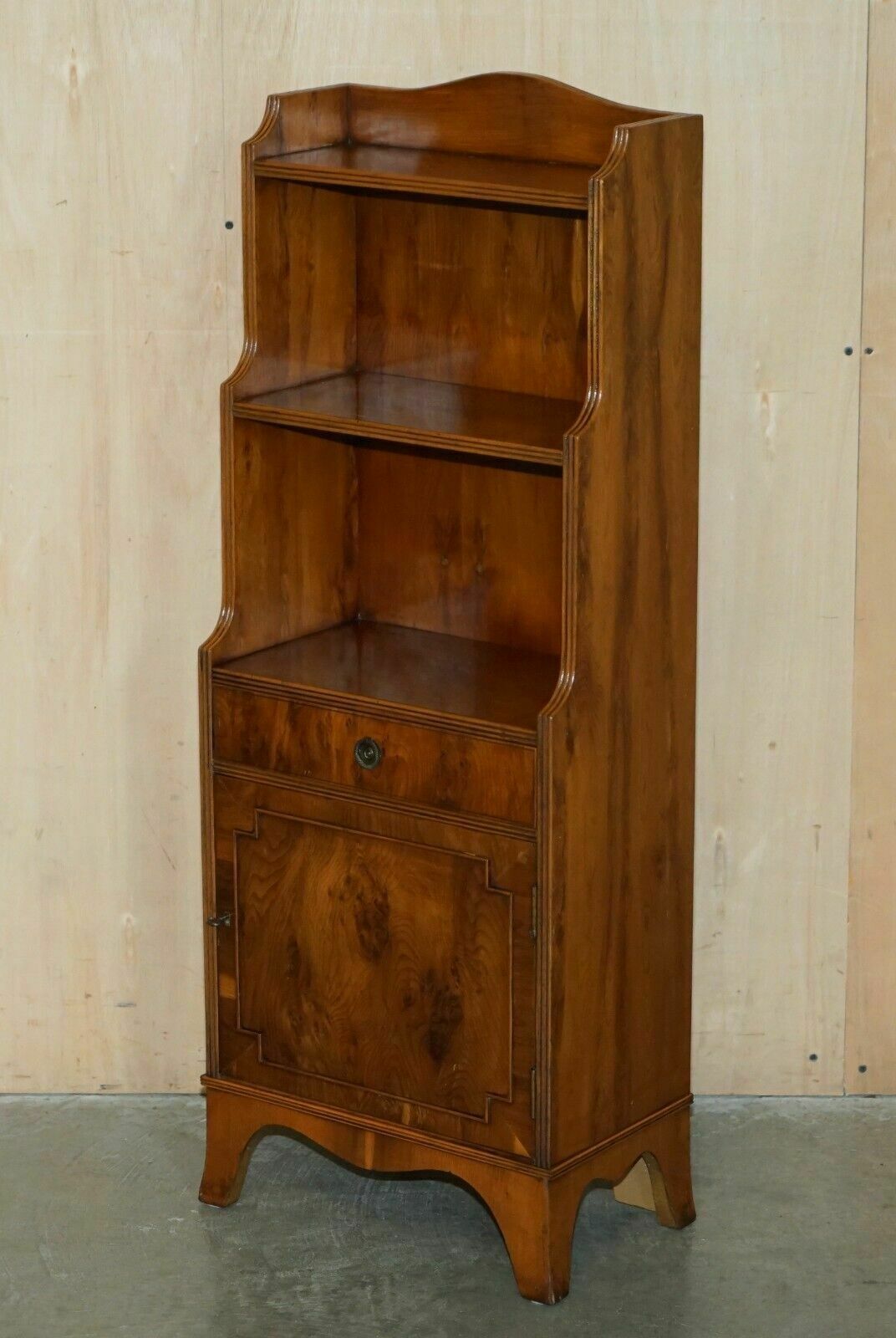 Pair Of Vintage English Flamed Mahogany Waterfall Bookcases With Cupboard Bases photo furniture