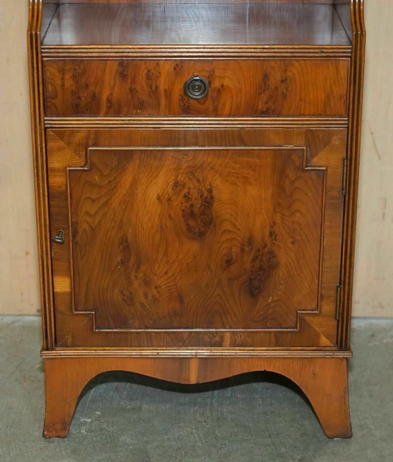 Pair Of Vintage English Flamed Mahogany Waterfall Bookcases With Cupboard Bases photo buy