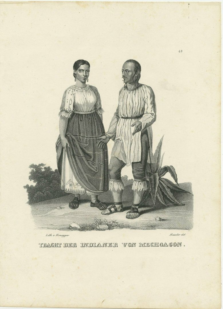 Antique Steel Engraved Print Showing Natives Of Michoacan, Mexico