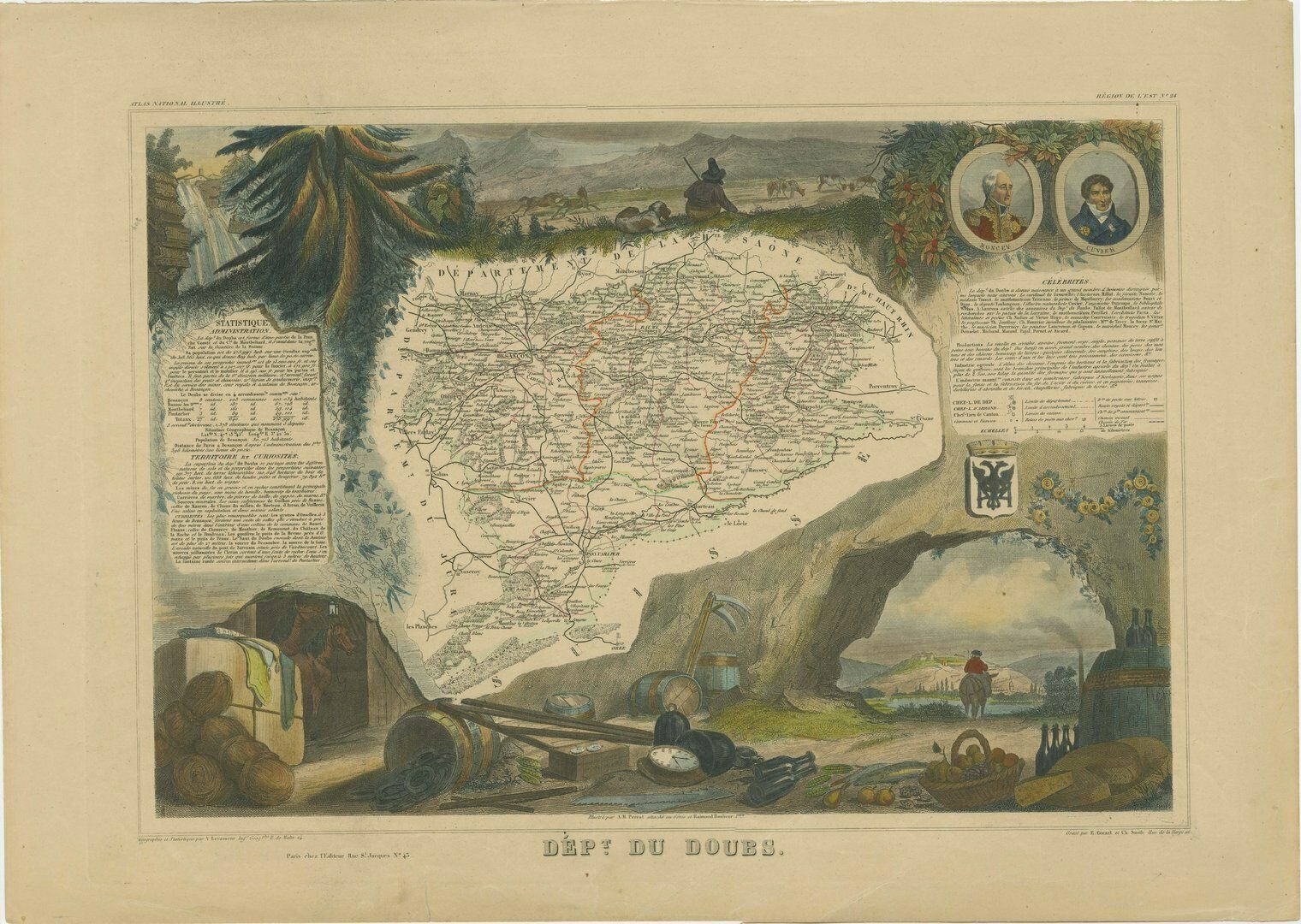 Hand Colored Antique Map Of The Department Of Doubs, France