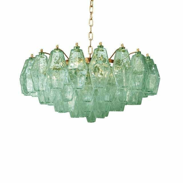 Poliedro Murano Glass Green Chandelier With Gold Metal Frame, Lot Of 2 Or A Pair Of Chandeliers photo furniture