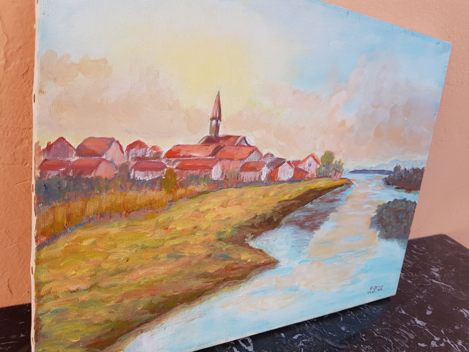 Oil On Canvas A Village Near The River photo vintage