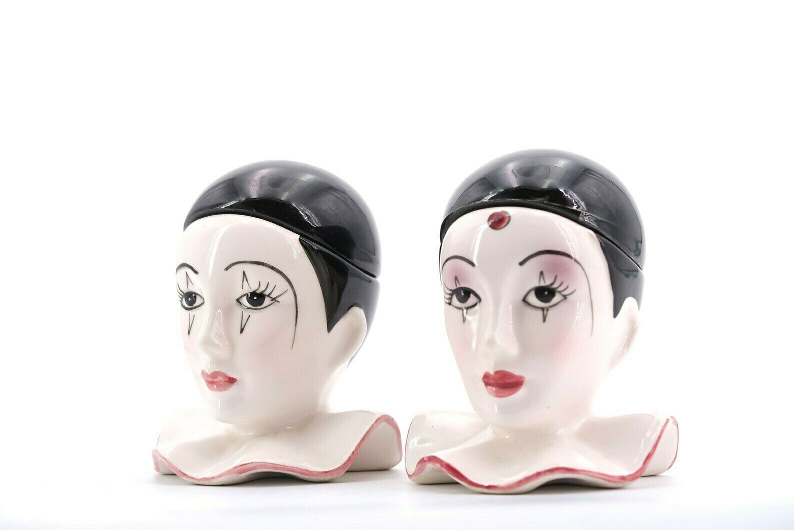 Porcelain Pierrot Head Salt And Pepper Shakers And Condiment Dishes, 1970s / Clown, Circus, White photo furniture