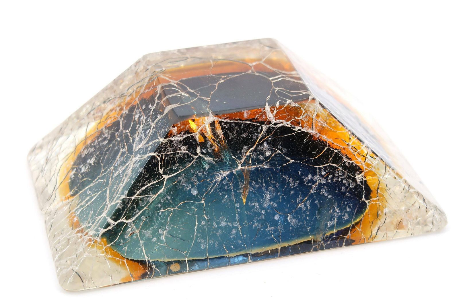 Cendrier rare en verre de Murano à effets craquelés, mid-century modern, années 1950, bleu et orange photo buy