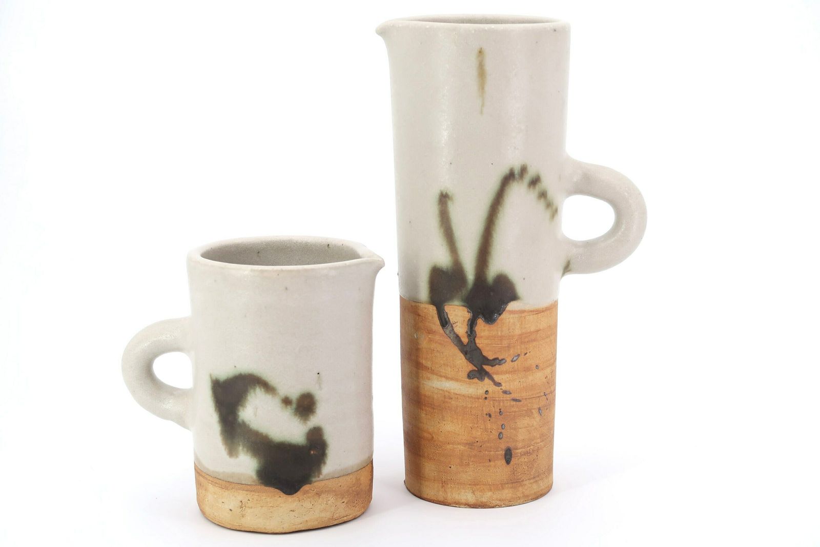 Pichets en céramique française par La Poterie de la Colombe, années 1970 / Vert et brun abstraits, style campagne boho chic