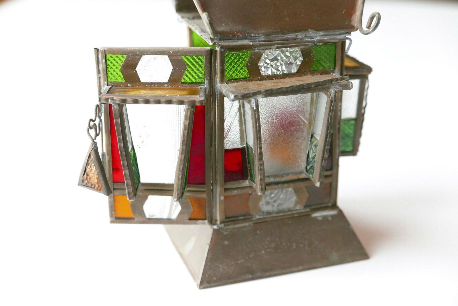 Lanterne en verre et métal, lampe à huile, années 1950, vintage, folk, boho chic, bohémien, à suspendre au mur photo Luminaires