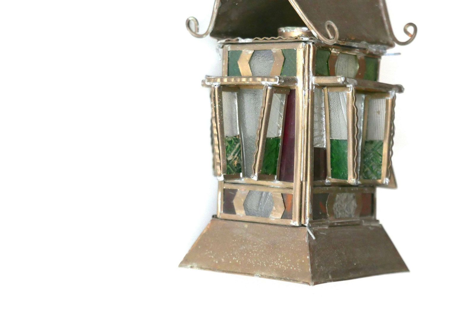 Lanterne en verre et métal, lampe à huile, années 1950, vintage, folk, boho chic, bohémien, à suspendre au mur photo vintage