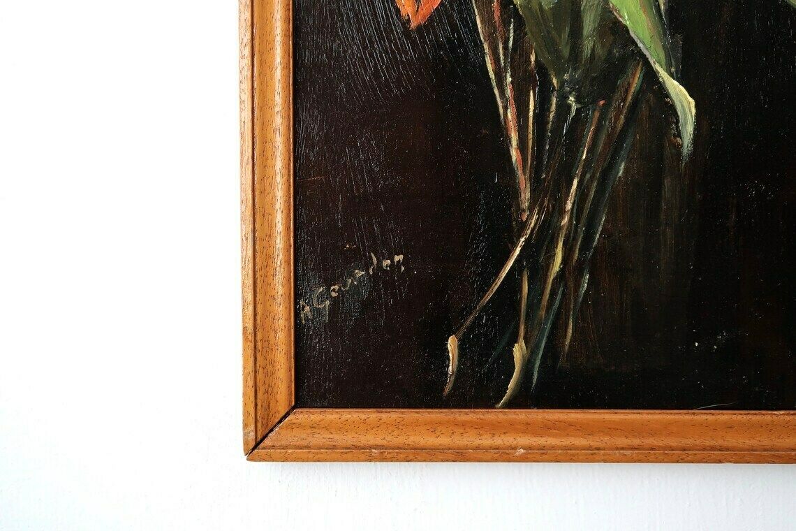 Peinture à l'huile française signée, fleurs, années 1950 / noir, sombre, campagne, rustique, cottage, Boho Chic, Farmhouse photo Art