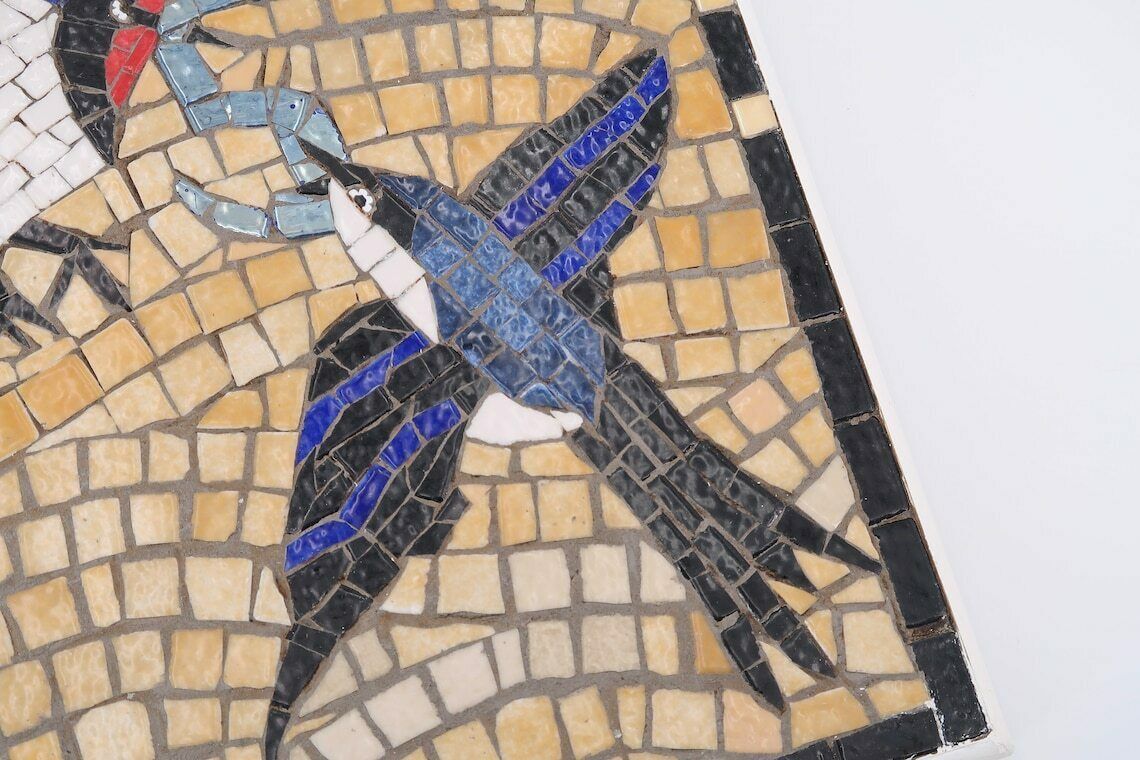 French Mosaic Wall Hanging : Swallow And Number 5, 1990s / Good Luck, Lucky Charm, Bird, Painting, Wall Decor photo for sale