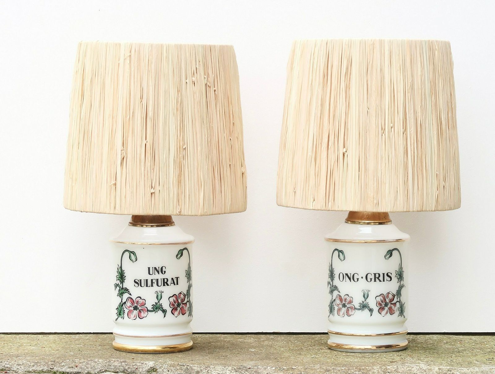 Pair Of Table Lamps, Glass Pharmacy Jars, Raffia Shades, 1960s / Herbarium, Flower, Cottage, White Milk Glass, Minimalist
