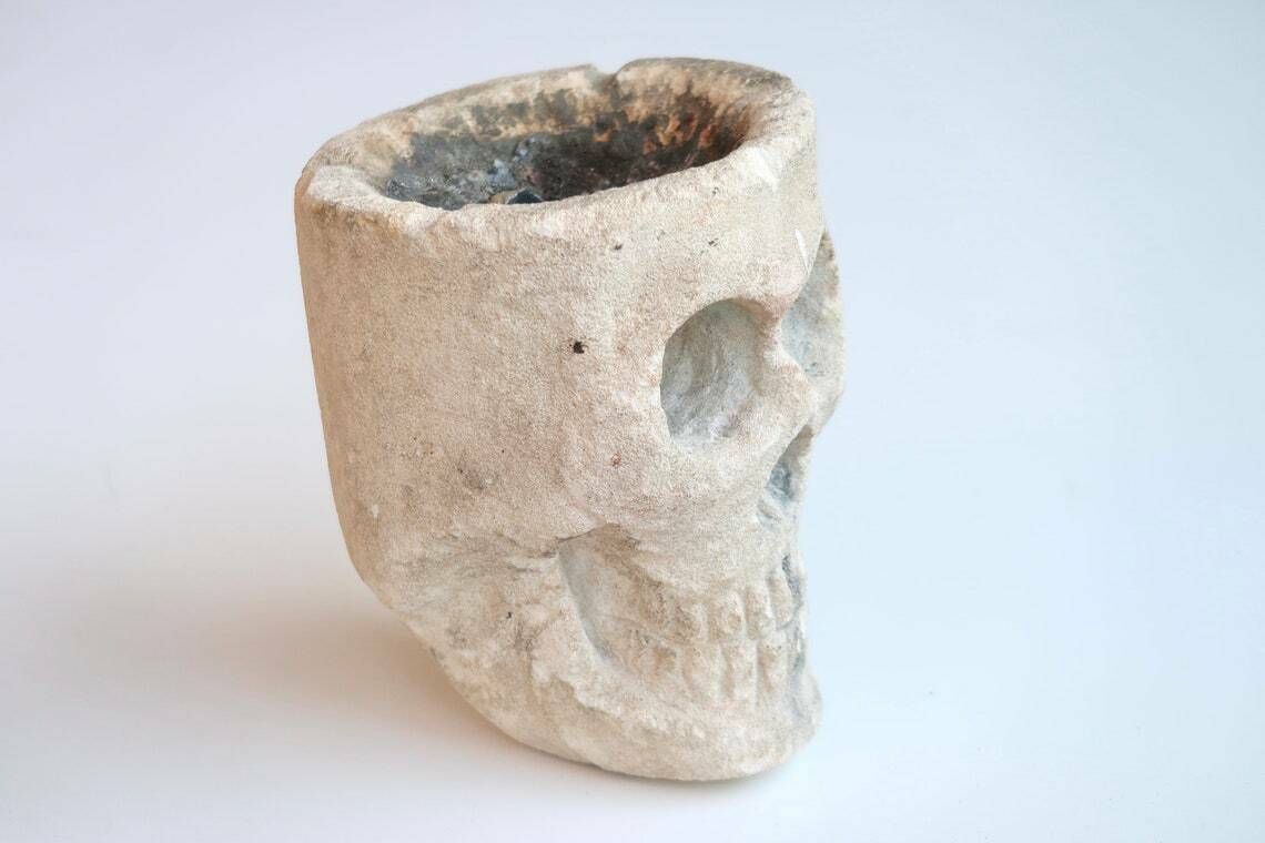 Sculpture, Mexican Stone Human Skull   Cabinet Of Curiosities, 1950s / Dish, Decor, Vanity, Skeleton, Boho Chic Bohemian Folk photo for sale