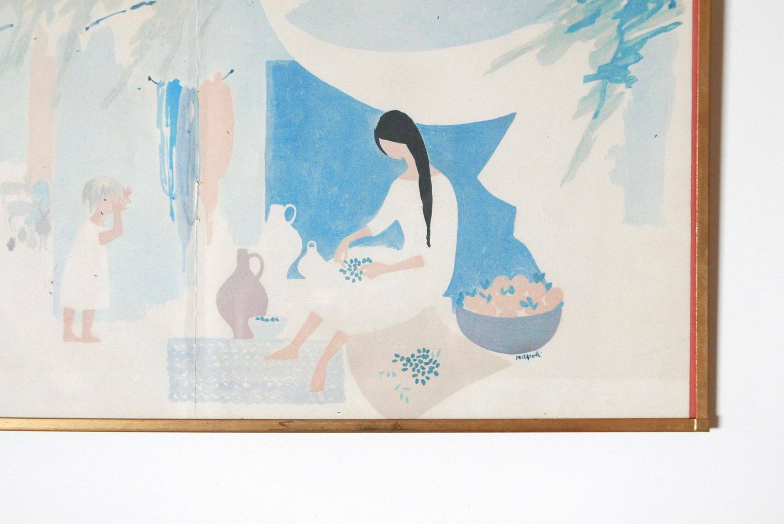 Estampe encadrée par Lizzie Napoli, années 1970 / Hide And Seek, Jar, Grape, Dark Hair Woman, Folk Painting, Boho Chic photo furniture