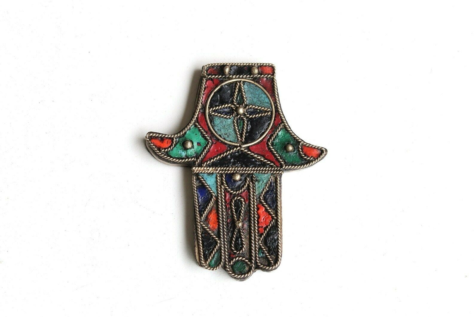Grote Hanger : Zilveren En Kleurrijke Hars Hamsa Hand, Ca. Jaren 1960 / Boho Chic, Bohemian, Folk, Talisman, Geluksbrenger, Charms, Marokko, Khamsa