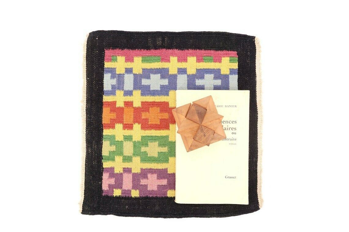 Wall Or Desk Tunisian Tapestry, Geometric Patterns, 1970s / Wool Textile Hanging Geometrical Decor Boho Chic Bohemian Folk Tribal Colorful photo for sale