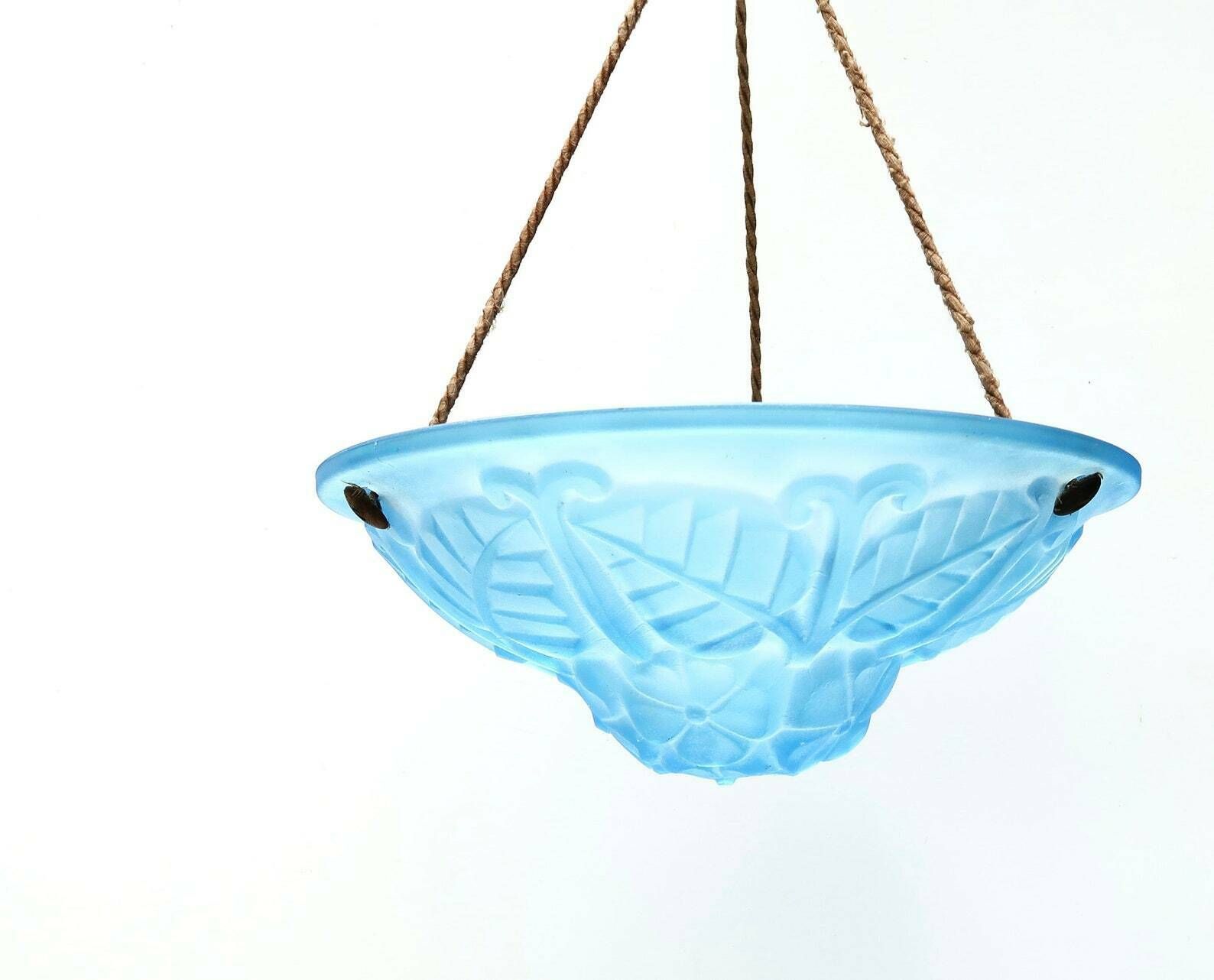 French Art Deco Blue Glass Ceiling Light By Degué France, 1930s / Pendant, Floral, Flower
