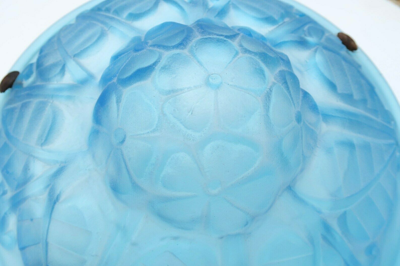 French Art Deco Blue Glass Ceiling Light By Degué France, 1930s / Pendant, Floral, Flower photo Lighting