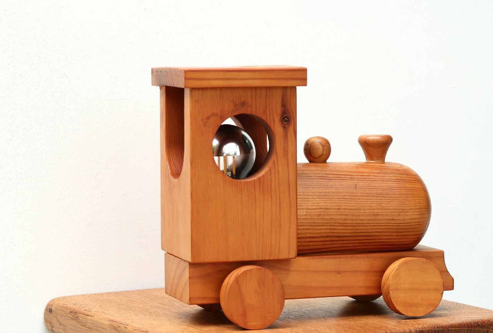 French Train Locomotive Pine Wood Table Lamp, 1970s / Kid Room, Modern, Wooden Lighting photo Lighting