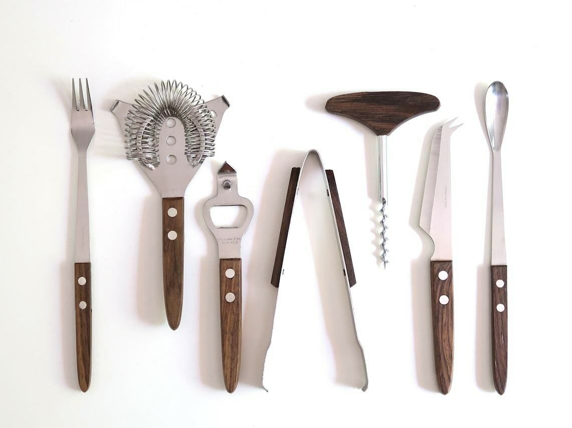 Bar Tool Kit, 7 Accessories By Cutor, Stainless Steel And Rosewood, Made In Hong Kong, 1970s / Corkscrew, Bottle Opener,