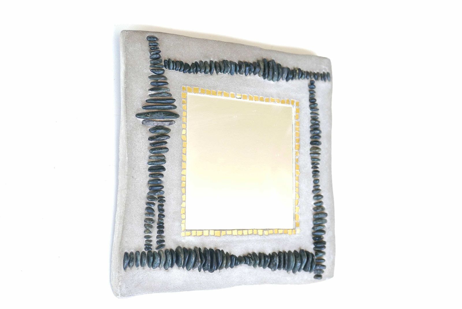 Resin Mirror With Pebbles And Gold Mosaics By Pascale Beauchamps, Artist From French Brittany / Bathroom, Boho Chic, Art