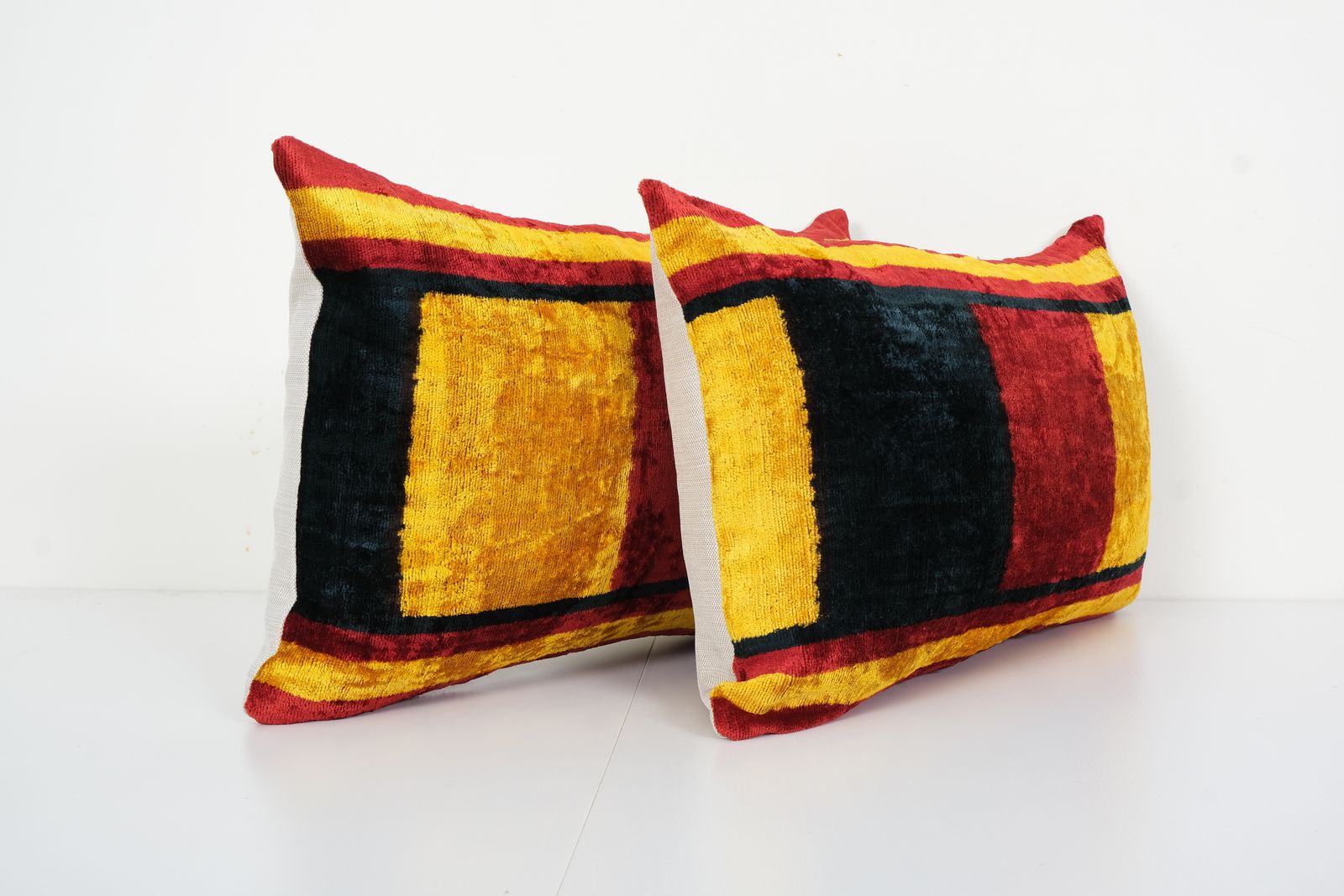 Silk Ikat Velvet Pillow Cover With Rich Border, Matching Red, Yellow And Black Ikat Lumbar Cushion Cover 16" X 24" photo for sale