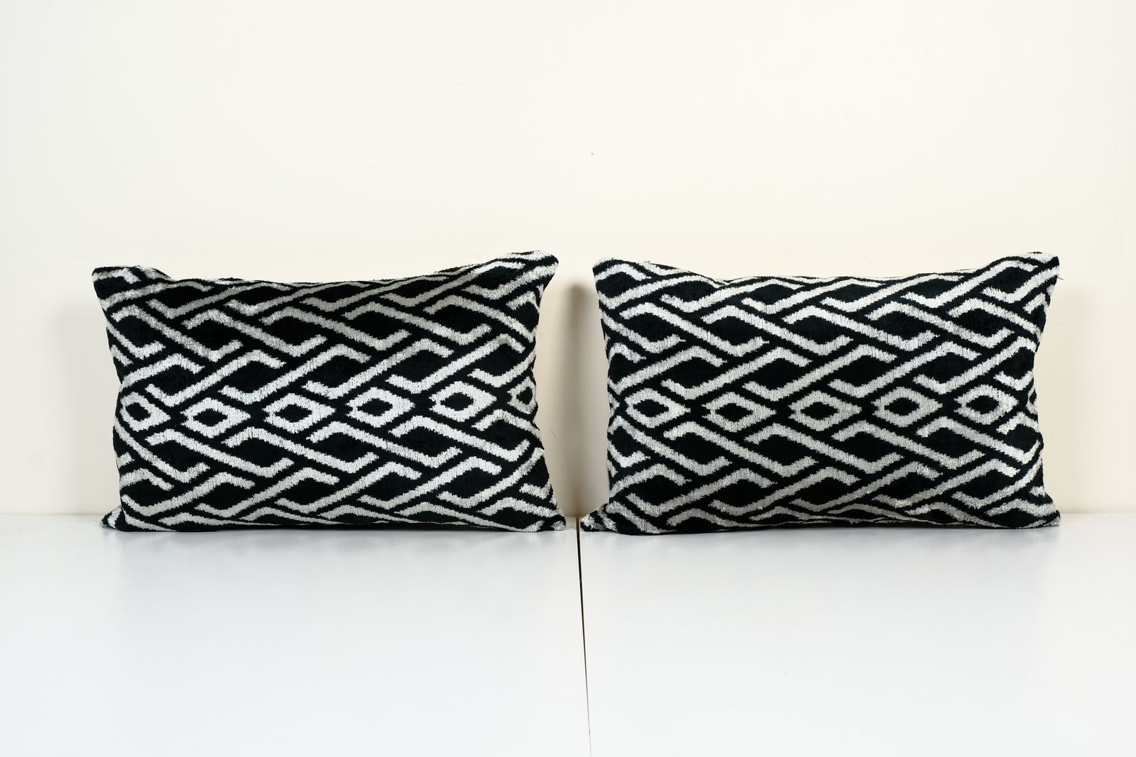 Matching Ikat Velvet Pillow Cover, Set Of Two Geometric Design Silk Lumbar Pillow Cover, Black And Beige Boho Chic Uzbek Pillow 16" X 24"