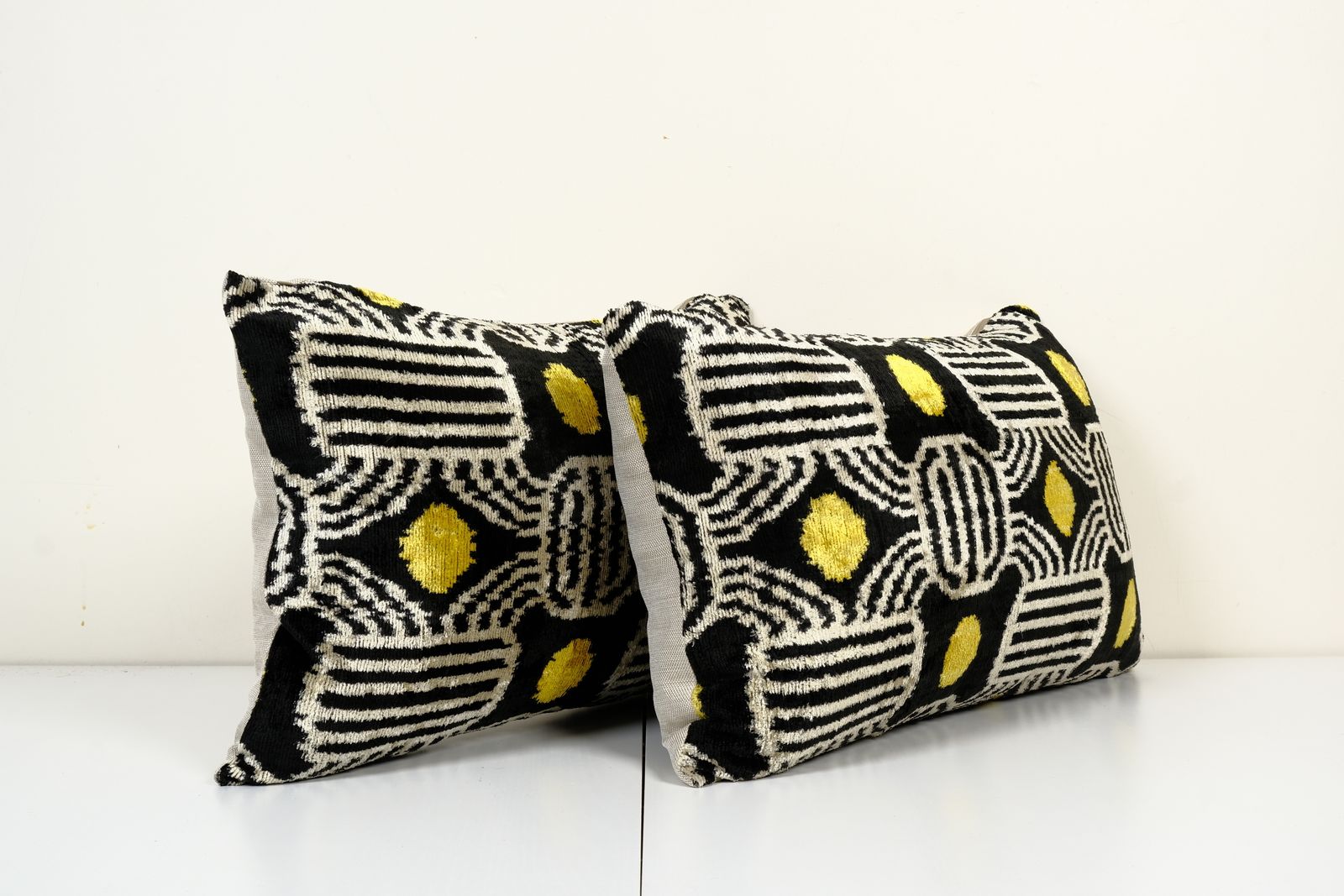 Set Of Two Silk Ikat Velvet Pillow Cover, Lumbar Ethnic Cushion Cover, Oblong Uzbek Velvet Boho Pillow 16" X 24" photo furniture