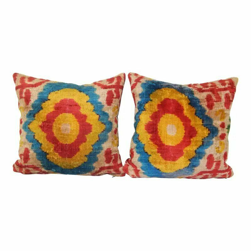 16" X 16" Ikat Pillow   Silk Velvet Pillow Cover   Set Ethnic Decorative Pillow   Pair Velvet Ikat Pillow   Boho Chic Cushion Cover