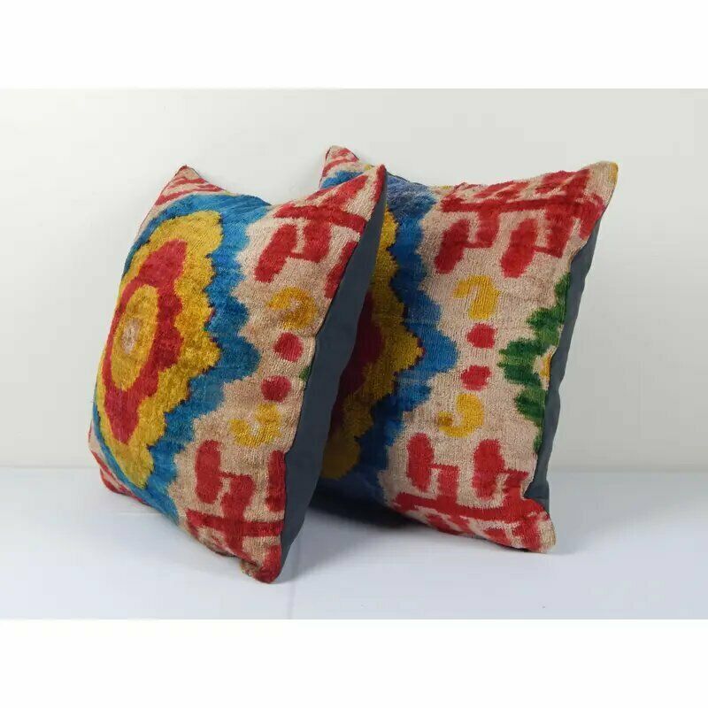 16" X 16" Ikat Pillow   Silk Velvet Pillow Cover   Set Ethnic Decorative Pillow   Pair Velvet Ikat Pillow   Boho Chic Cushion Cover photo furniture