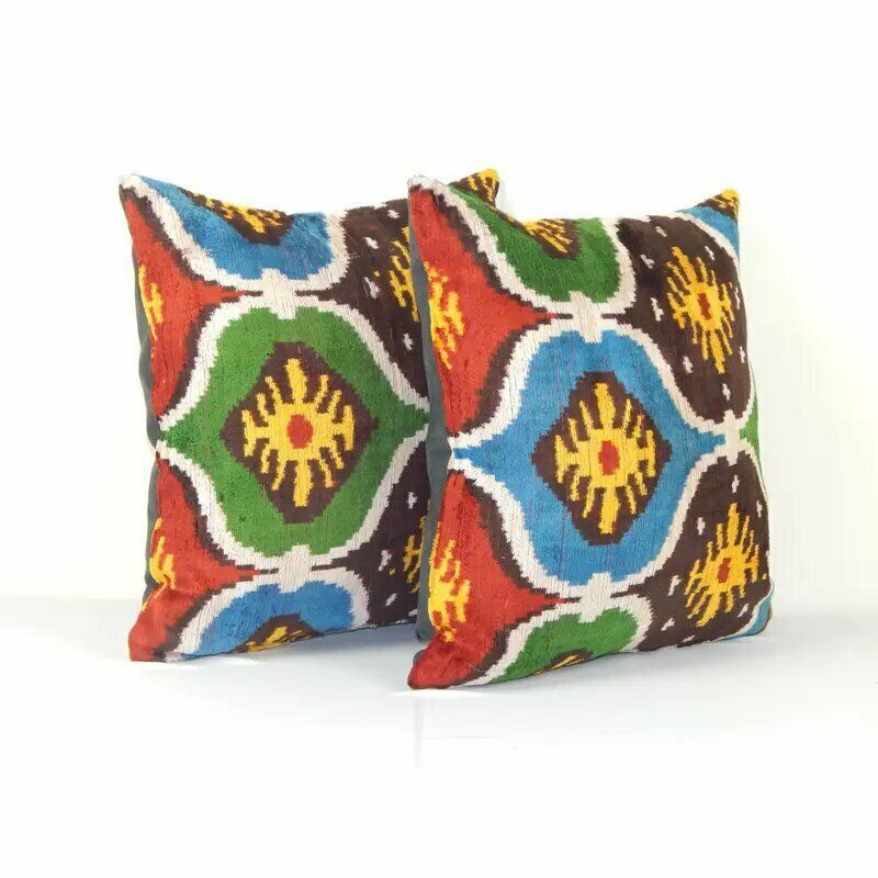 16" X 16" Decorative Pillows Covers, Set Of Two Soft Velvet Silk Pillow, Pair İkat Velvet Pillow Cover photo Textiles