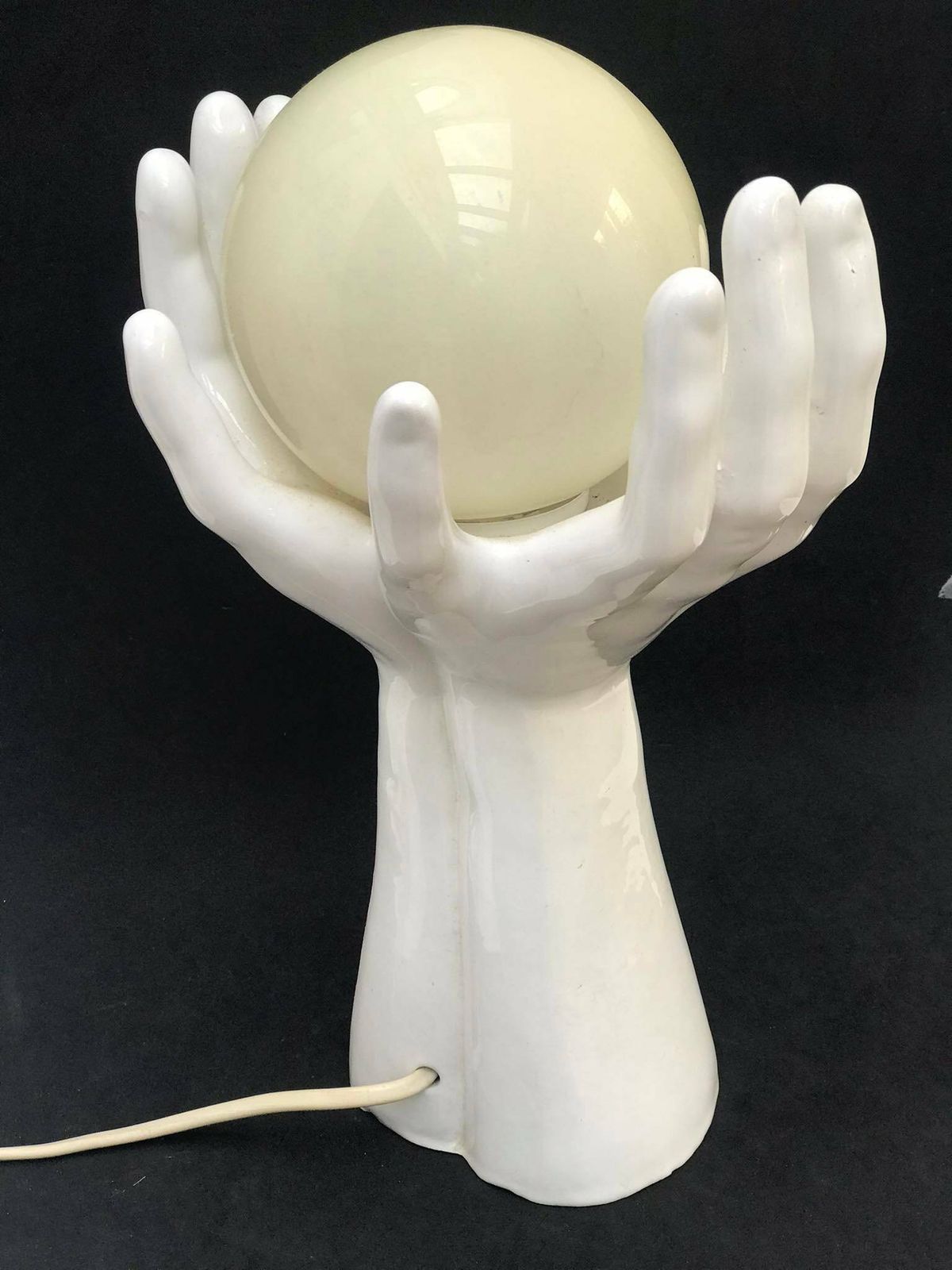 photo for sale Table Lamp Vintage Hands With Globe Lamp, Midcentury Ball Of Light 70s Ceramic With Glass Globe Ball Design Vintage