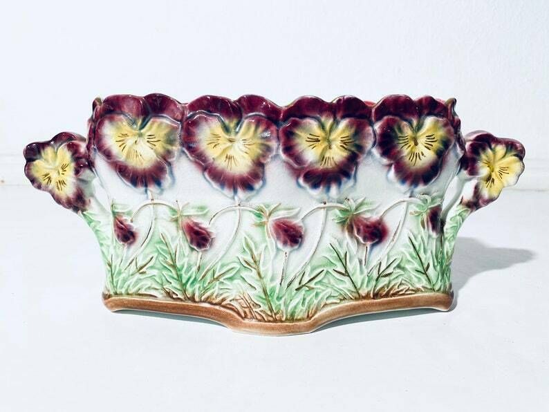 Art Nouveau Frie Onnaing Pansy Floral Motif Ceramic Planter & Vase Set photo furniture