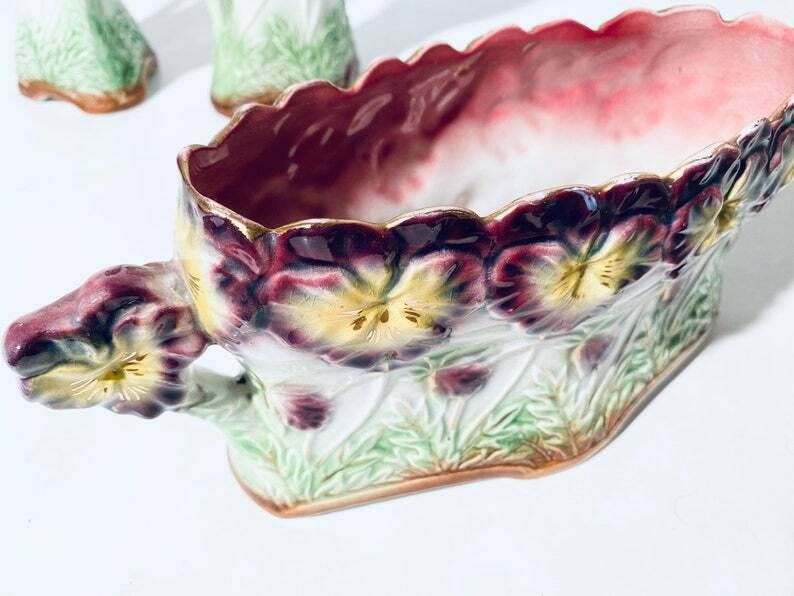 Art Nouveau Frie Onnaing Pansy Floral Motif Ceramic Planter & Vase Set photo vinterior
